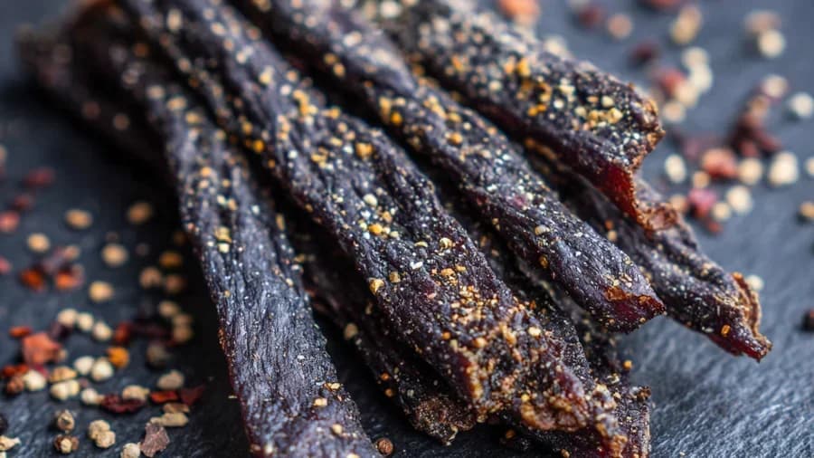 Air-dried beef biltong sticks coated in pepper and spices on a slate board, from Symi's