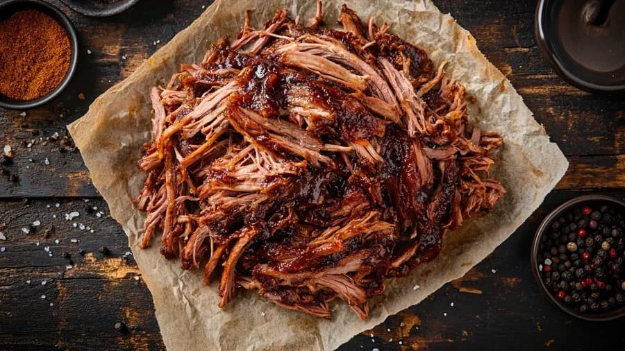 A mound of pulled smoked pork on butcher paper, surrounded by spices, Pulled Pork from Symi's